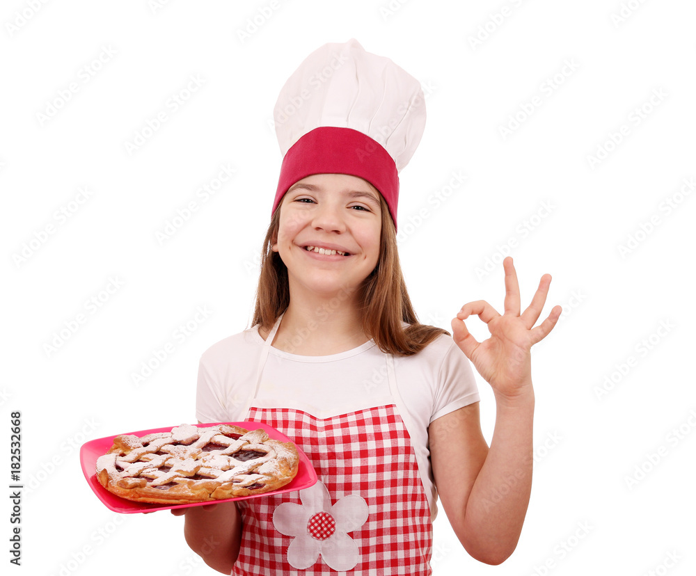 happy little girl cook with cherry pie and ok hand sign happy little girl cook with cherry pie and ok hand sign
