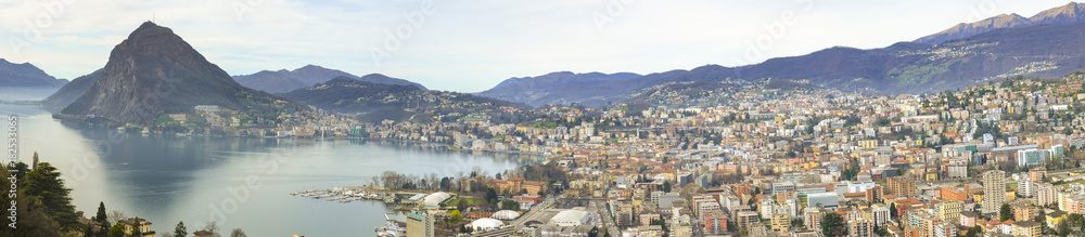 Lugano morning. Panorama view lake and city. Ticino- Switzerland