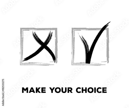 Yes and No Vector Set Square Frames, Isolated.  Hand Painted Election, Quizz, Voting, Test Symbols. Ink Brush Rejection and Approval, Query Choice Icons. Yes and No Tick and Cross Symbolic Marks.