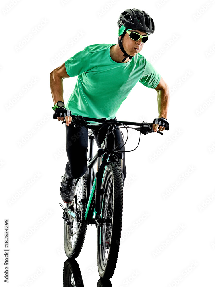 Naklejka premium one caucasian man practicing man mountain bike bking isolated on white background with shadows