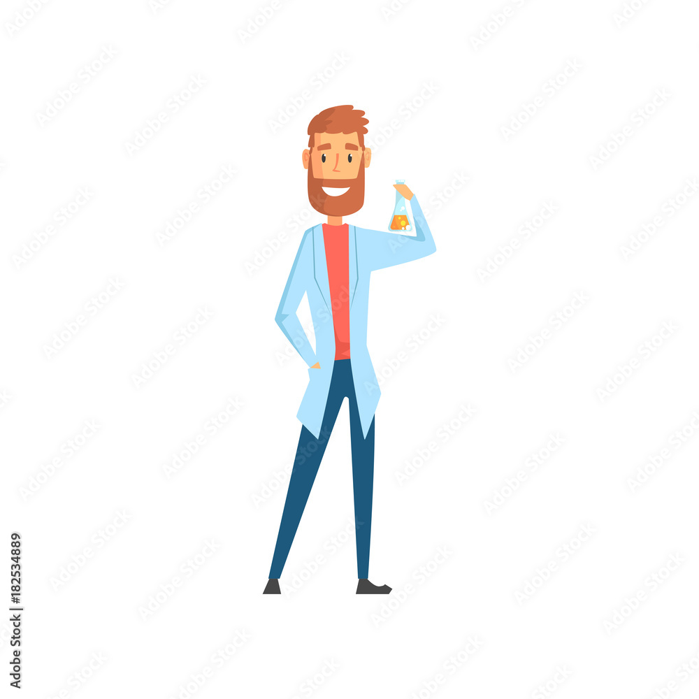 Flat vector of young scientist holding flask with liquid in hand. Cartoon bearded man character in white medical coat Flat vector of young scientist holding flask with liquid in hand. Cartoon bearded man character in white medical coat