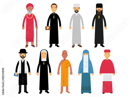 Religion ministers set, representatives of buddhism, representatives of catholicism, islam, orthodoxy, hinduism, judaism religions vector Illustrations