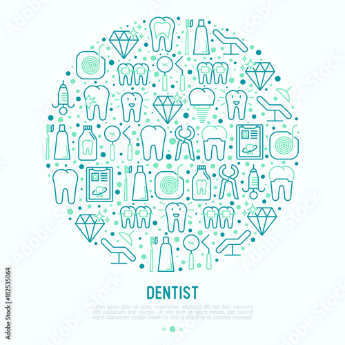 Dentist concept in circle with thin line icons of tooth, implant, dental floss, crown, toothpaste, medical equipment. Modern vector illustration for banner, web page, print media.