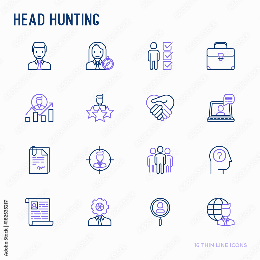 Head hunting thin line icons set: employee, hr manager, focus, resume; briefcase; achievements; career growth, interview. Vector illustration for banner, web page, print media. Head hunting thin line icons set: employee, hr manager, focus, resume; briefcase; achievements; career growth, interview. Vector illustration for banner, web page, print media.