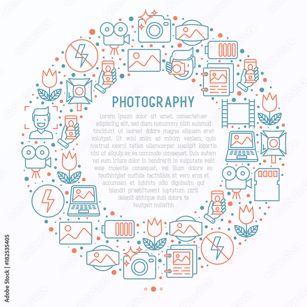 Photography concept in circle with thin line icons of photographer, film, crop, flash, focus, light, panorama. Vector illustration for banner, web page, print media.