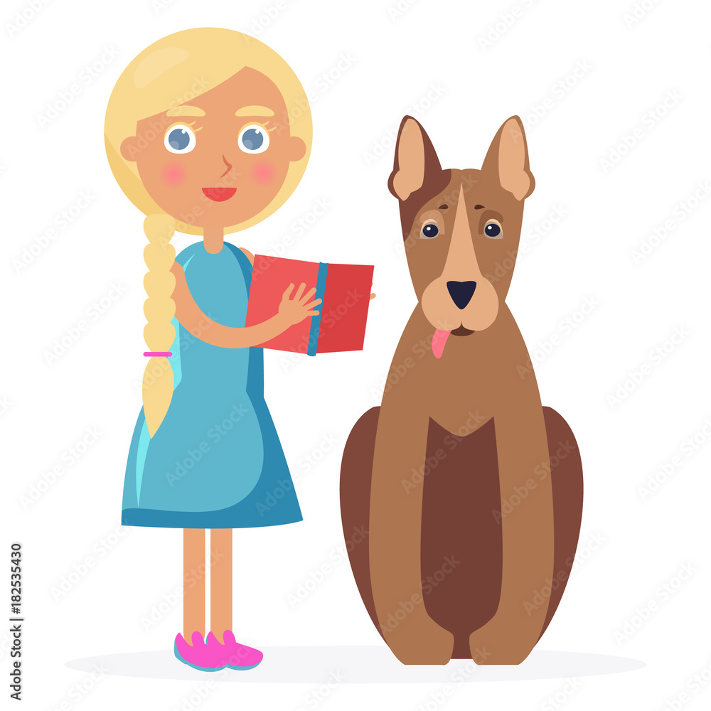 Obraz premium Small Girl Stands with Bull Terrier and Holds Book