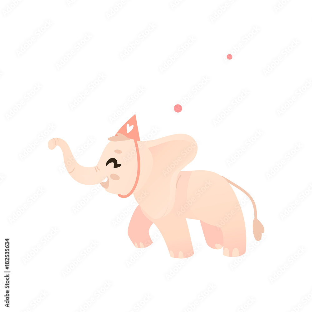 vector cartoon style character, cheerful pink elephant kid having fun running wearing party hat happily smiling. isolated illustration on a white background. Animals party concept vector cartoon style character, cheerful pink elephant kid having fun running wearing party hat happily smiling. isolated illustration on a white background. Animals party concept