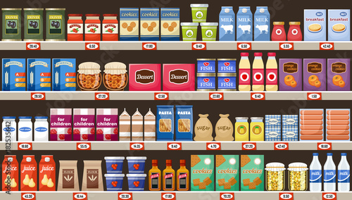 Supermarket, shelves with products and drinks photo