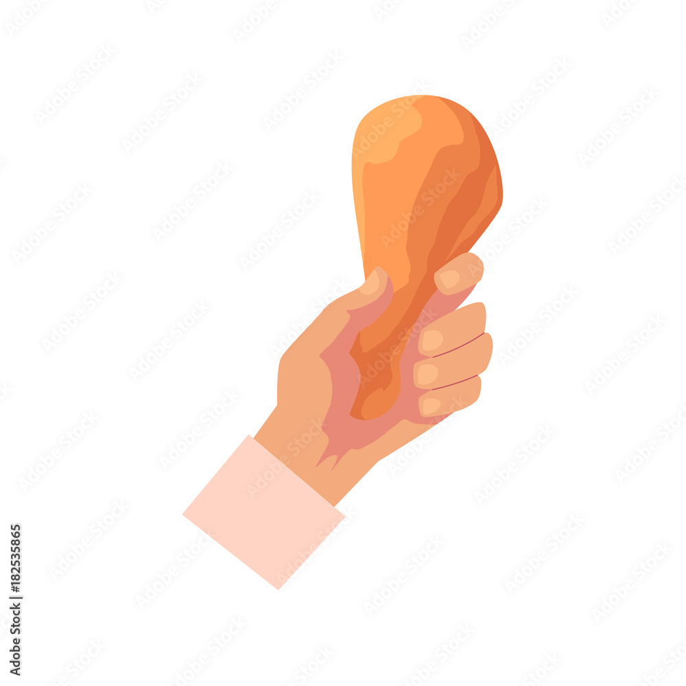 vector flat man hand holding cartoon chicken leg shank icon. Grilled, fried chicken drumstick for your restaurant menu design. Isolated illustration on a white background. vector flat man hand holding cartoon chicken leg shank icon. Grilled, fried chicken drumstick for your restaurant menu design. Isolated illustration on a white background.
