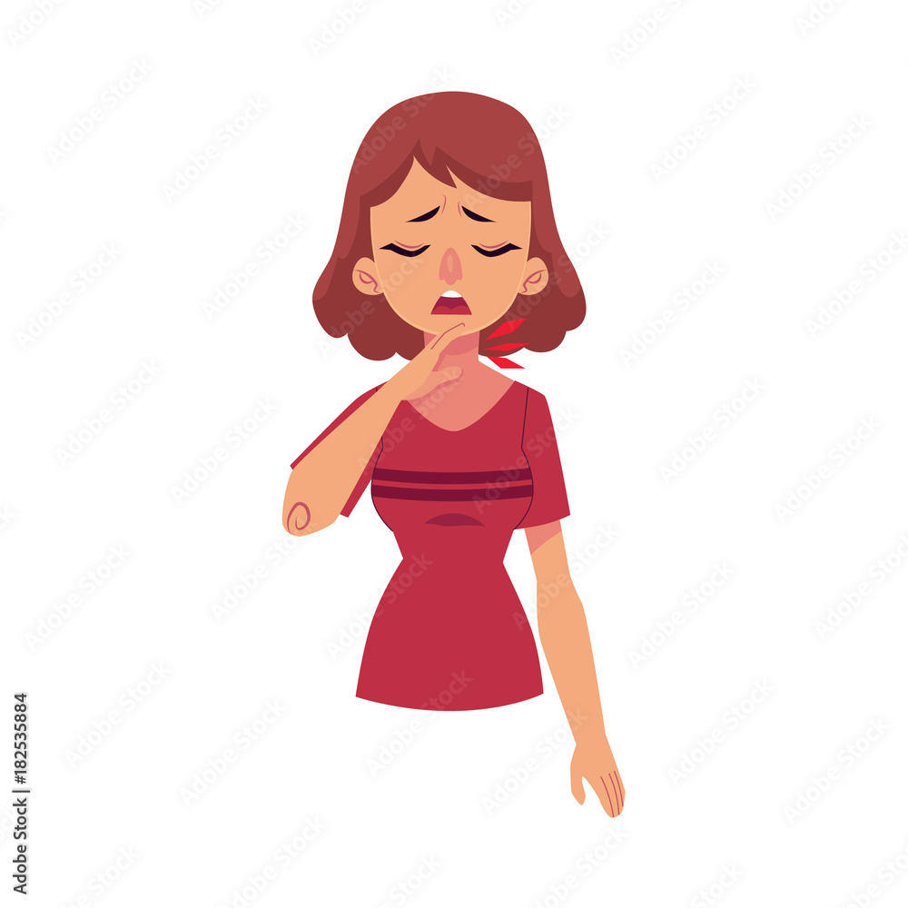 Woman having sore throat, symptom of flu, cartoon vector illustration isolated on white background. Half length portrait of unhappy girl, woman having sore throat, suffering from pain Stock Vector | Adobe Stock Woman having sore throat, symptom of flu, cartoon vector illustration isolated on white background. Half length portrait of unhappy girl, woman having sore throat, suffering from pain Stock Vector | Adobe Stock