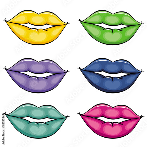 vector cartoon sketch woman girl lips with different pomade color set. Yellow blue, greenm pink. Isolated illustration on a white background.
