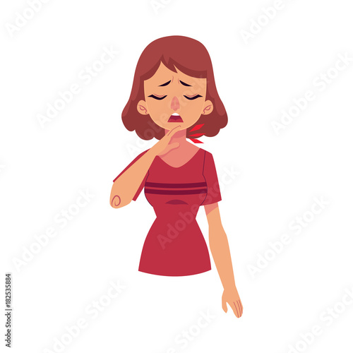 Woman having sore throat, symptom of flu, cartoon vector illustration isolated on white background. Half length portrait of unhappy girl, woman having sore throat, suffering from pain