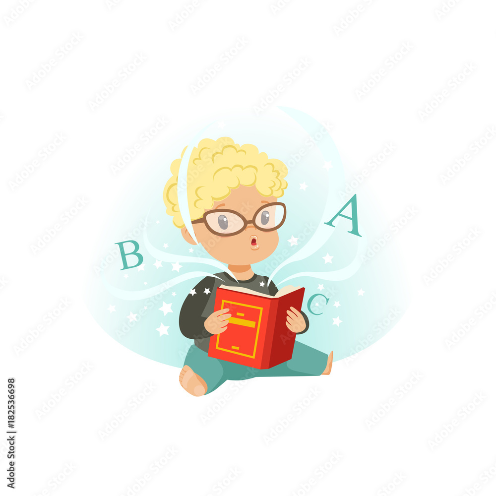 Adorable little boy sitting on floor surrounded by stars and reading educational magic book. Cartoon kid character in glasses. Isolated flat vector illustration Adorable little boy sitting on floor surrounded by stars and reading educational magic book. Cartoon kid character in glasses. Isolated flat vector illustration