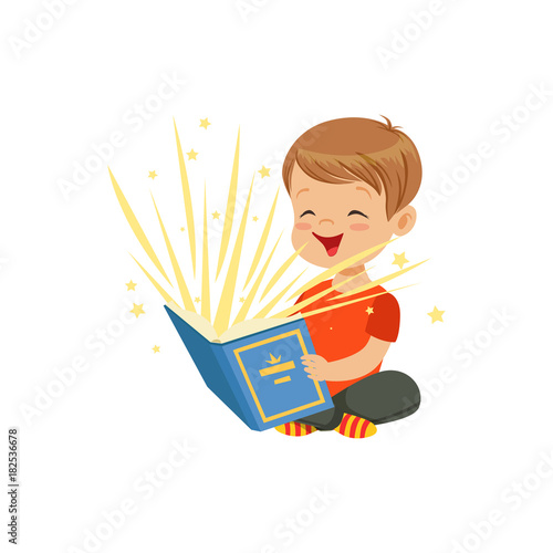 Little boy sitting on the floor with magic book radiating bright sparks and stars. Kid character reading interesting fairy tales. Isolated flat vector