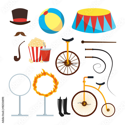 Circus Trainer Items Set Vector. Circus Accessories. Hat, Mustache, Ball, Podium, Stand, Whip, Tobacco, Popcorn, Soda, Bicycle, Fire Ring, Boots. Isolated Flat Cartoon Illustration