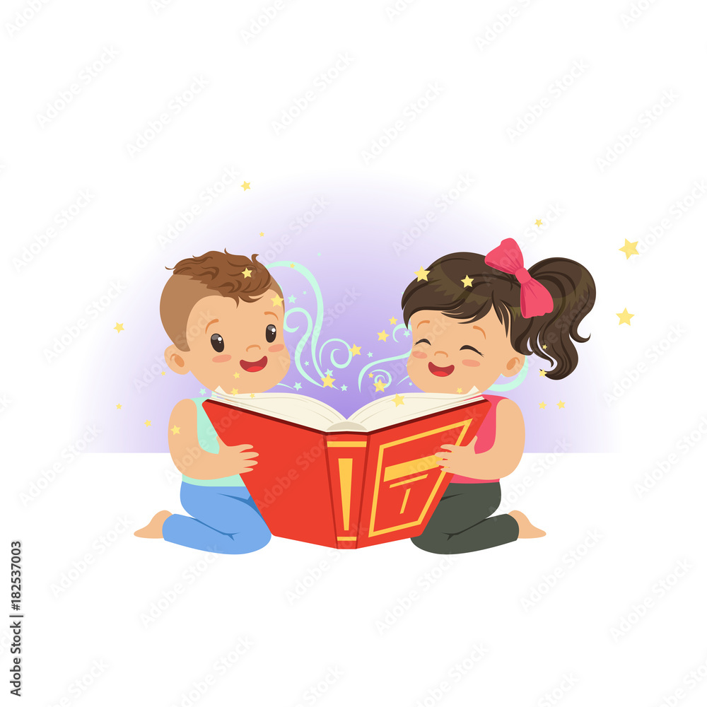Two little children reading magic book with fantasy stories. Cartoon boy  and girl characters. Childhood and kid imagination concept. Flat vector  illustration Stock Vector | Adobe Stock
