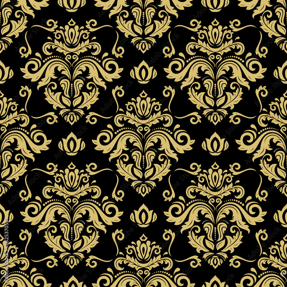 Classic seamless vector pattern. Traditional orient ornament. Classic vintage black and golden background Classic seamless vector pattern. Traditional orient ornament. Classic vintage black and golden background