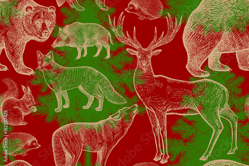 Seamless pattern with animals and trees.