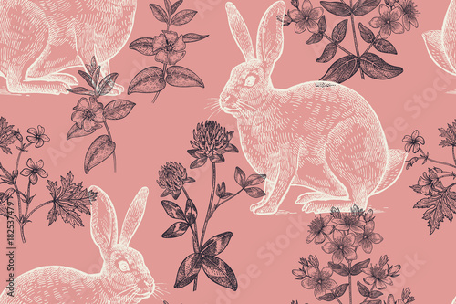 Seamless pattern with animals and flowers.