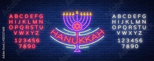 Vector background of Chanukah with menorah and star of David. Neon sign Happy sign of Hanukkah. An elegant greeting card, a Hanukkah symbol, template. Neon sign, bright banner. Editing text neon sign