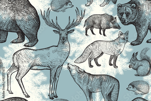 Seamless pattern with animals and trees.