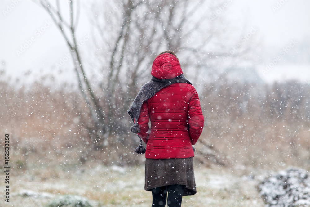 woman in red coat walking in heavy snowfall in the countryside woman in red coat walking in heavy snowfall in the countryside