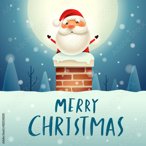 Merry Christmas! Santa Claus in the chimney under the moonlight. Snow scene. Winter landscape.