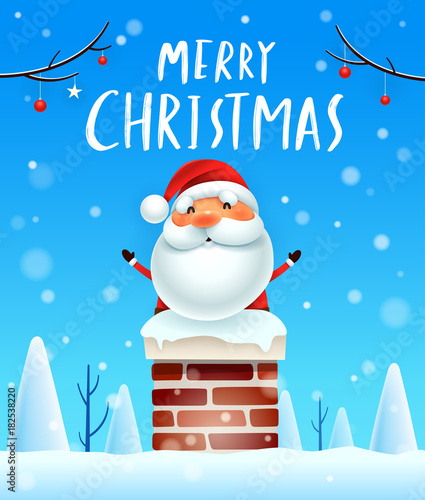 Merry Christmas! Santa Claus in the chimney. Snow scene. Winter landscape.