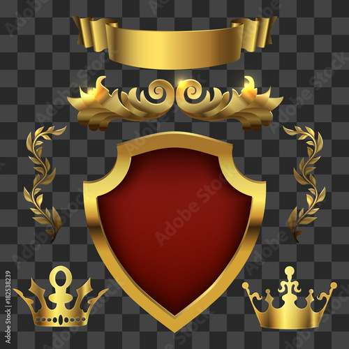 Golden vector heraldic elements. Kings crowns, banners