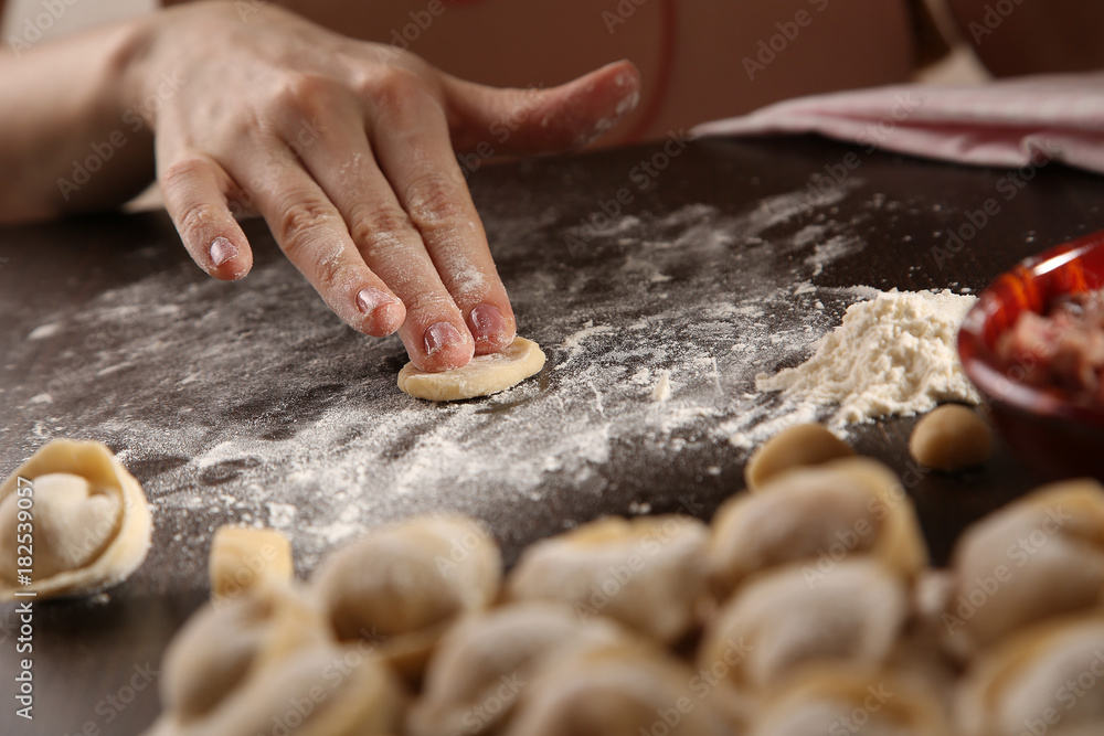 Process of making ravioli, pelmeni or dumplings with meat on wooden table