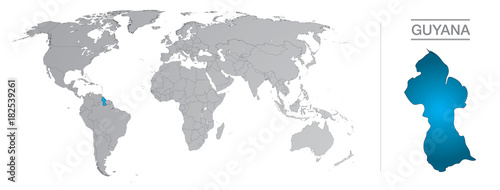  Guyana dans le monde, avec frontières et tous les pays du monde séparés