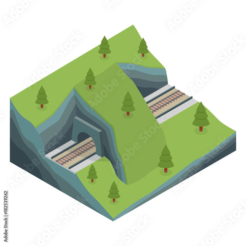 Isometric railway tunnel in the rock.