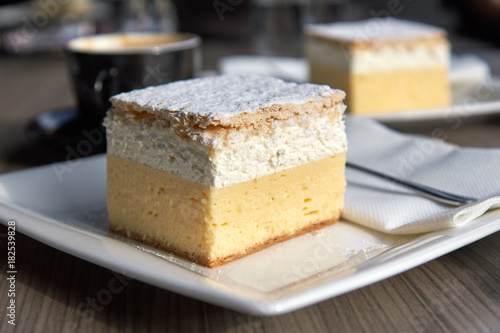 The original bled cream cake (cremeschnitte) on white plate