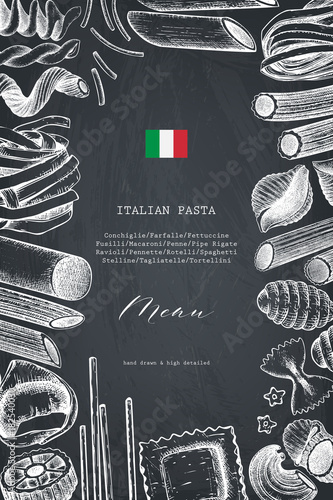Vector menu template with traditional Italian pasta. Hand drawn food sketch.  Vintage card or invitation design for cafe or restaurant design. Outlines on chalkboard