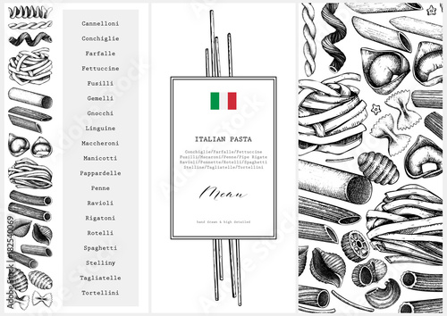 Vector menu template with traditional Italian pasta. Hand drawn food sketch.  Vintage card or invitation design for cafe or restaurant design. Outlines on white background.