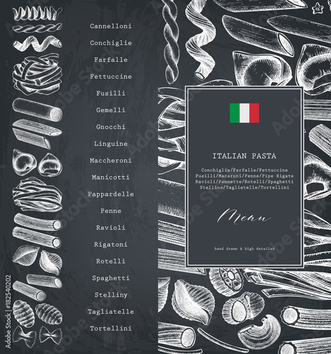 Vector menu template with traditional Italian pasta. Hand drawn food sketch.  Vintage card or invitation design for cafe or restaurant design. Outlines on chalkboard