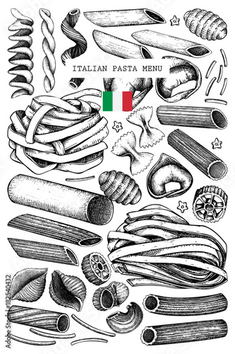 Vector menu template with traditional Italian pasta. Hand drawn food sketch.  Vintage card or invitation design for cafe or restaurant design. Outlines on white background.