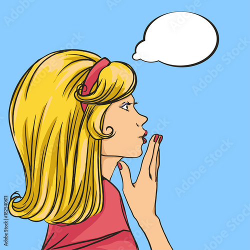 Pop art girl. The girl blushes with embarrassment. The girl experiences the emotions of surprise, fright, delight. White cloud.