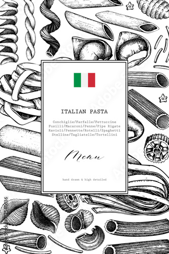 Vector menu template with traditional Italian pasta. Hand drawn food sketch.  Vintage card or invitation design for cafe or restaurant design. Outlines on white background.