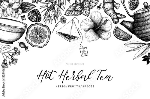 Vector card design with hand drawn tea illustration. Decorative inking background with vintage tea sketch. Sketched template