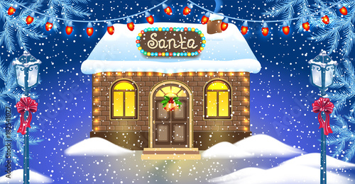 Christmas card with brick house and Santa's workshop against winter forest background  and vintage streetlamps