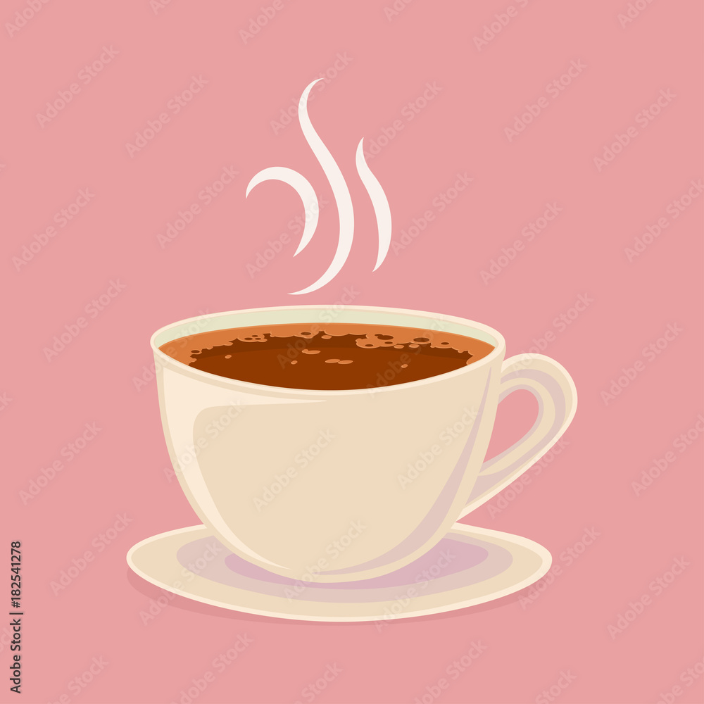 Obraz premium Vector mug with coffee. Hot coffee. The fragrance comes from the mug. Foam from coffee.