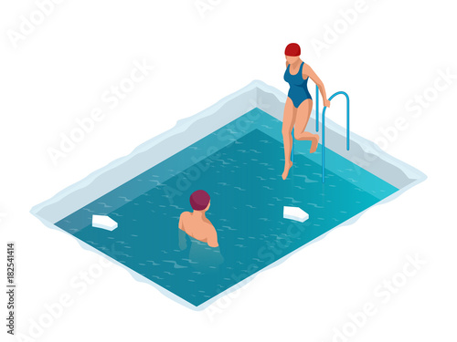 Winter swimming in a frozen river. Man and woman in an ice-hole. Healthy lifestyle. Isometric vector illustration
