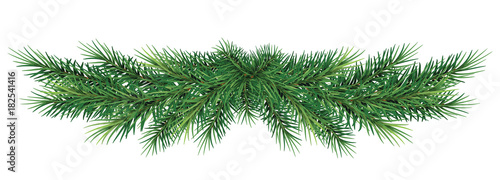  long garland of Christmas tree branches . Realistic fir-tree border, frame isolated on white without a shadow . Great for christmas flyers, party posters.