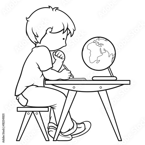 Kid Studying, School Theme, Character Design, Coloring Page, Vector Illustration