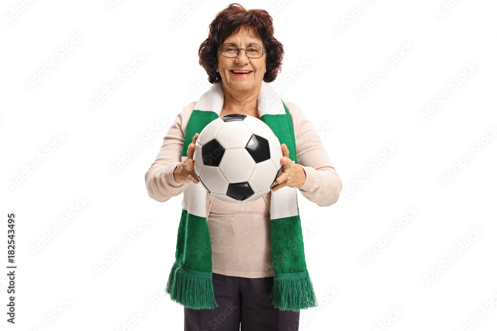 Elderly soccer fan with a scarf and a football