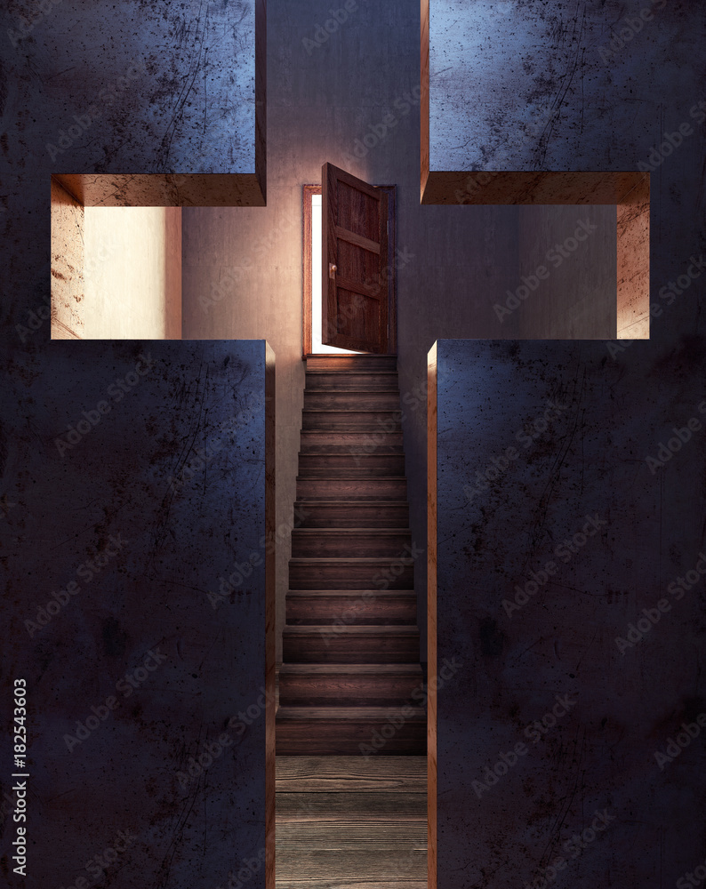 Look through the cross on the open door of salvation 3D Rendering Stock