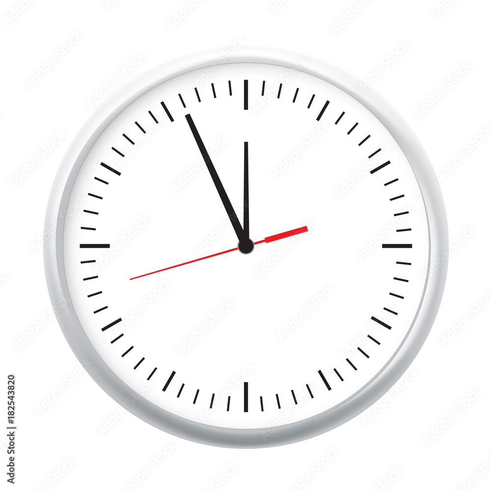 White wall office clock icon showing five minutes to twelve. For new year concept. White wall office clock icon showing five minutes to twelve. For new year concept.