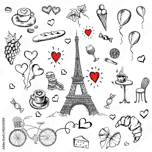 Canvas Print Paris sketch illustration. Set of hand drawn French icons