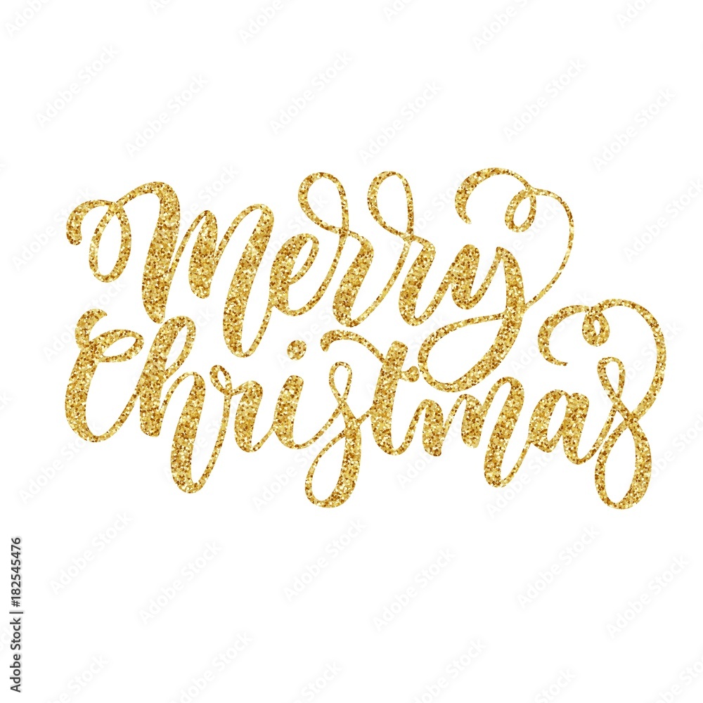 Merry Christmas brush fancy hand lettering with golden glitter texture effect on white background. Vector illustration. Can be used for holidays festive design. Merry Christmas brush fancy hand lettering with golden glitter texture effect on white background. Vector illustration. Can be used for holidays festive design.